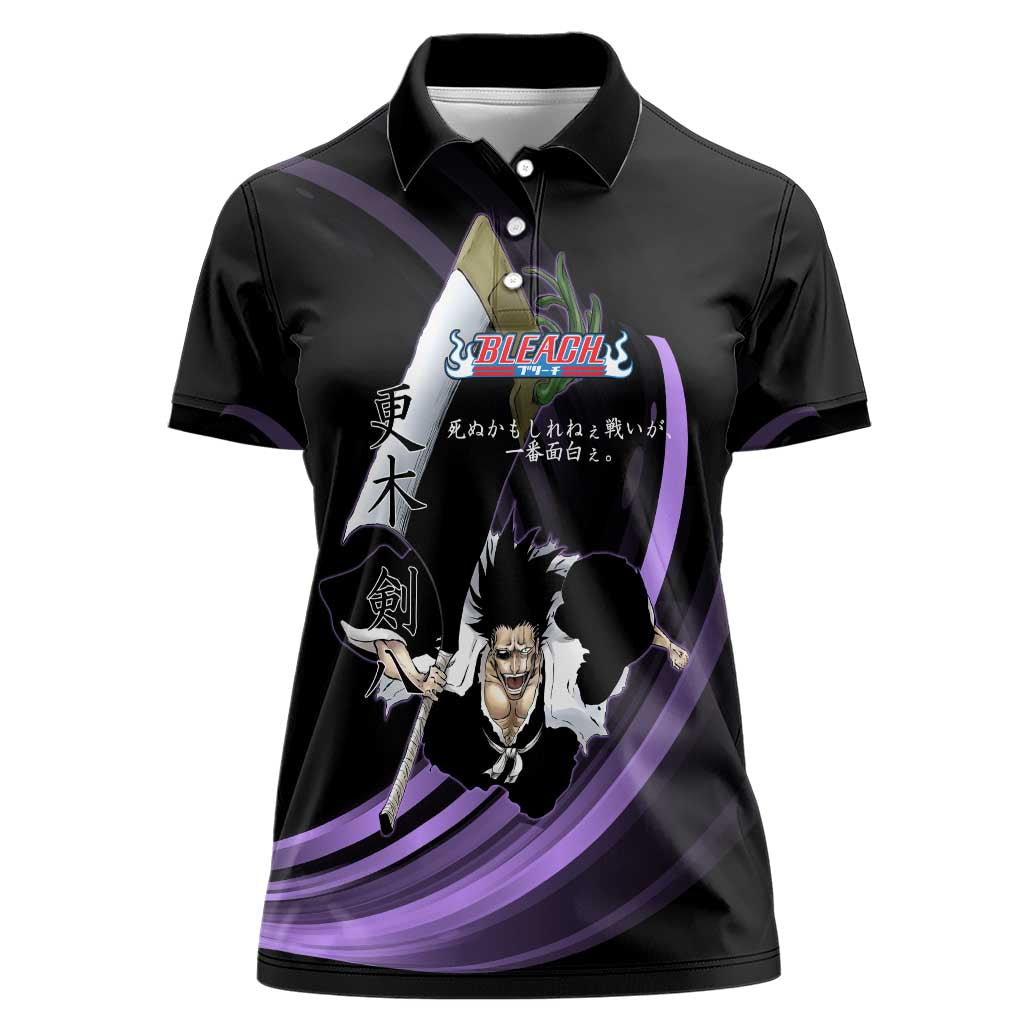 Kenpachi Zaraki Bleach Anime Black and Purple Theme Women Polo Shirt with Battle Stance and Japanese Quote Design - The Mazicc