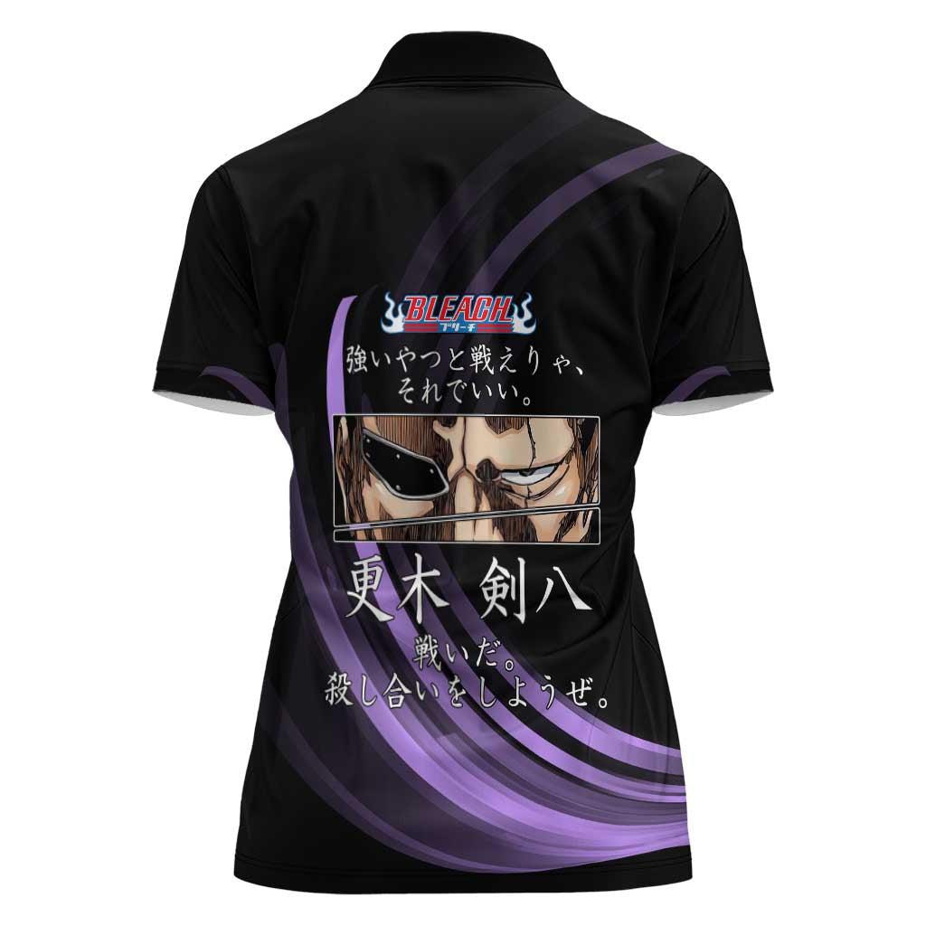Kenpachi Zaraki Bleach Anime Black and Purple Theme Women Polo Shirt with Battle Stance and Japanese Quote Design - The Mazicc
