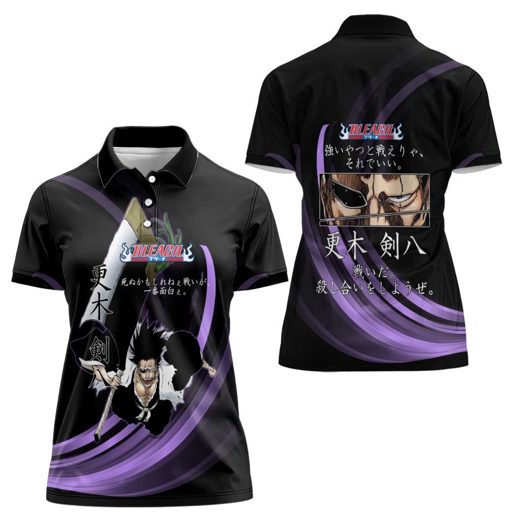 Kenpachi Zaraki Bleach Anime Black and Purple Theme Women Polo Shirt with Battle Stance and Japanese Quote Design - The Mazicc