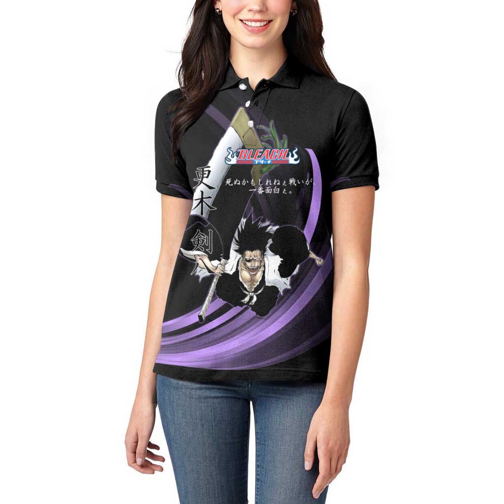 Kenpachi Zaraki Bleach Anime Black and Purple Theme Women Polo Shirt with Battle Stance and Japanese Quote Design - The Mazicc