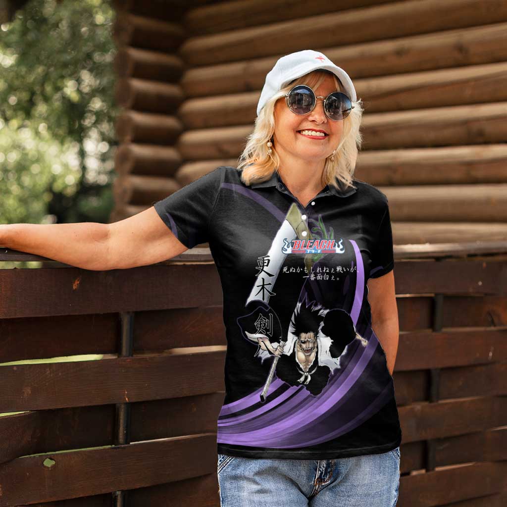 Kenpachi Zaraki Bleach Anime Black and Purple Theme Women Polo Shirt with Battle Stance and Japanese Quote Design - The Mazicc