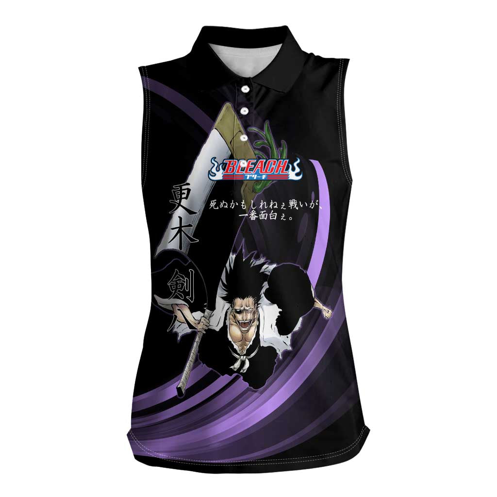 Kenpachi Zaraki Bleach Anime Black and Purple Theme Women Sleeveless Polo Shirt with Battle Stance and Japanese Quote Design - The Mazicc