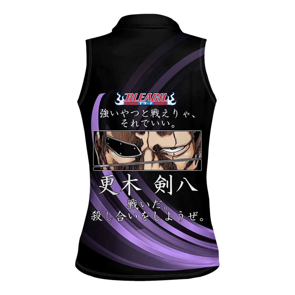 Kenpachi Zaraki Bleach Anime Black and Purple Theme Women Sleeveless Polo Shirt with Battle Stance and Japanese Quote Design - The Mazicc