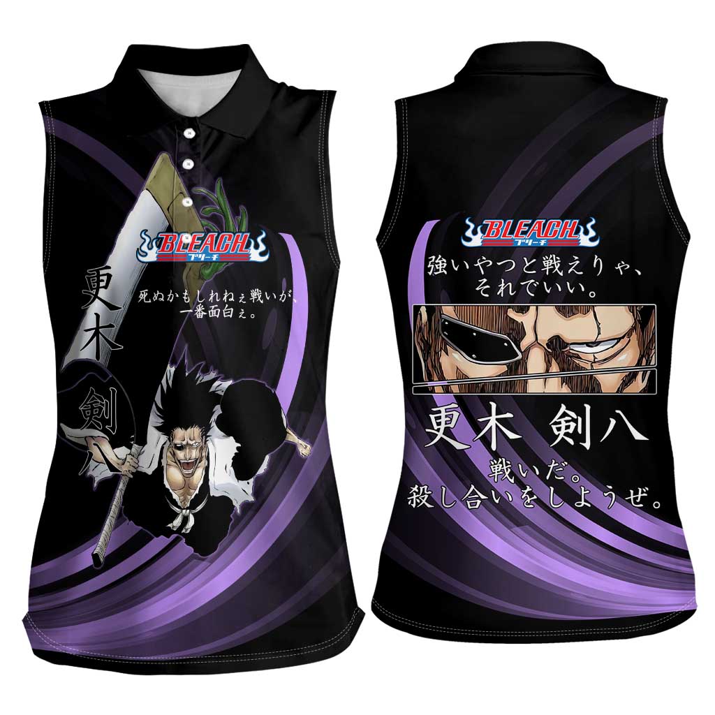 Kenpachi Zaraki Bleach Anime Black and Purple Theme Women Sleeveless Polo Shirt with Battle Stance and Japanese Quote Design - The Mazicc