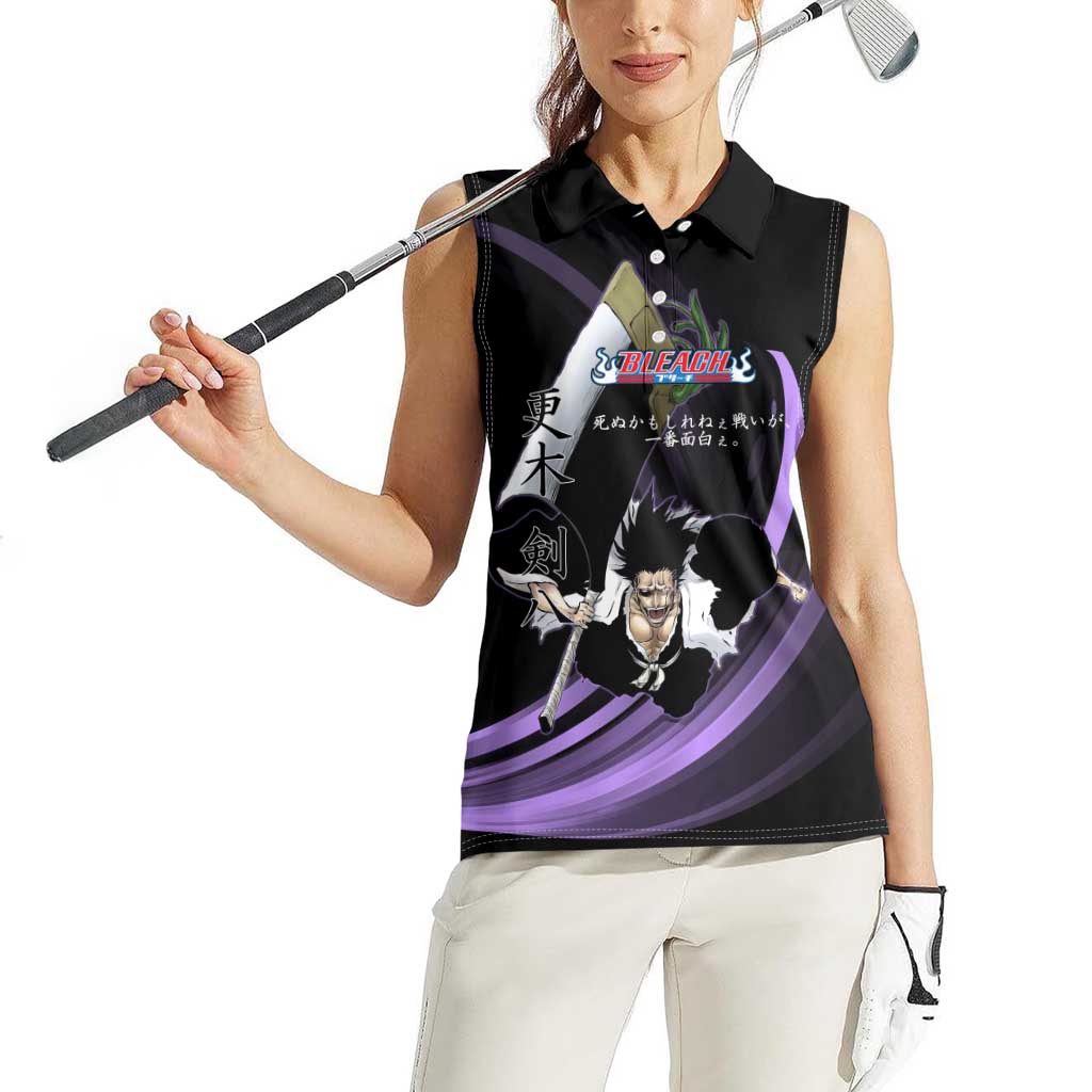Kenpachi Zaraki Bleach Anime Black and Purple Theme Women Sleeveless Polo Shirt with Battle Stance and Japanese Quote Design - The Mazicc