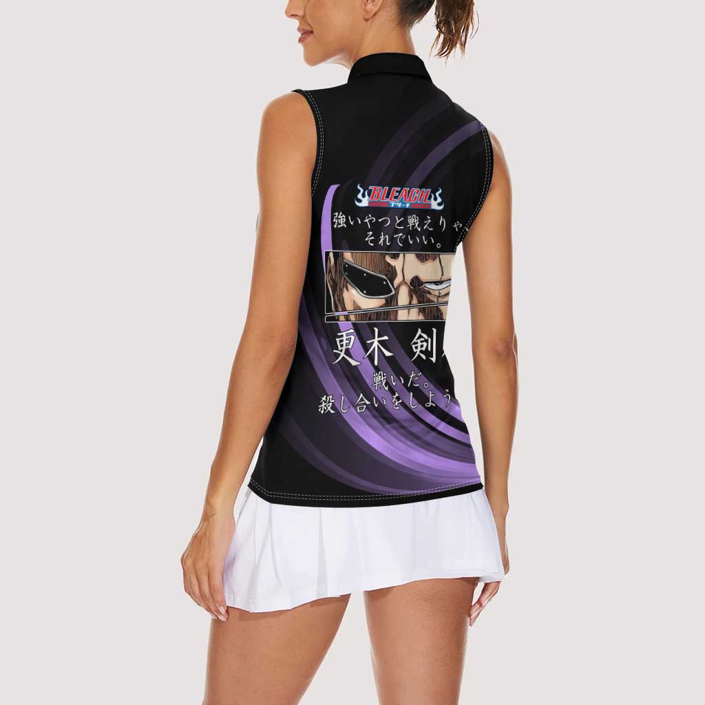 Kenpachi Zaraki Bleach Anime Black and Purple Theme Women Sleeveless Polo Shirt with Battle Stance and Japanese Quote Design - The Mazicc
