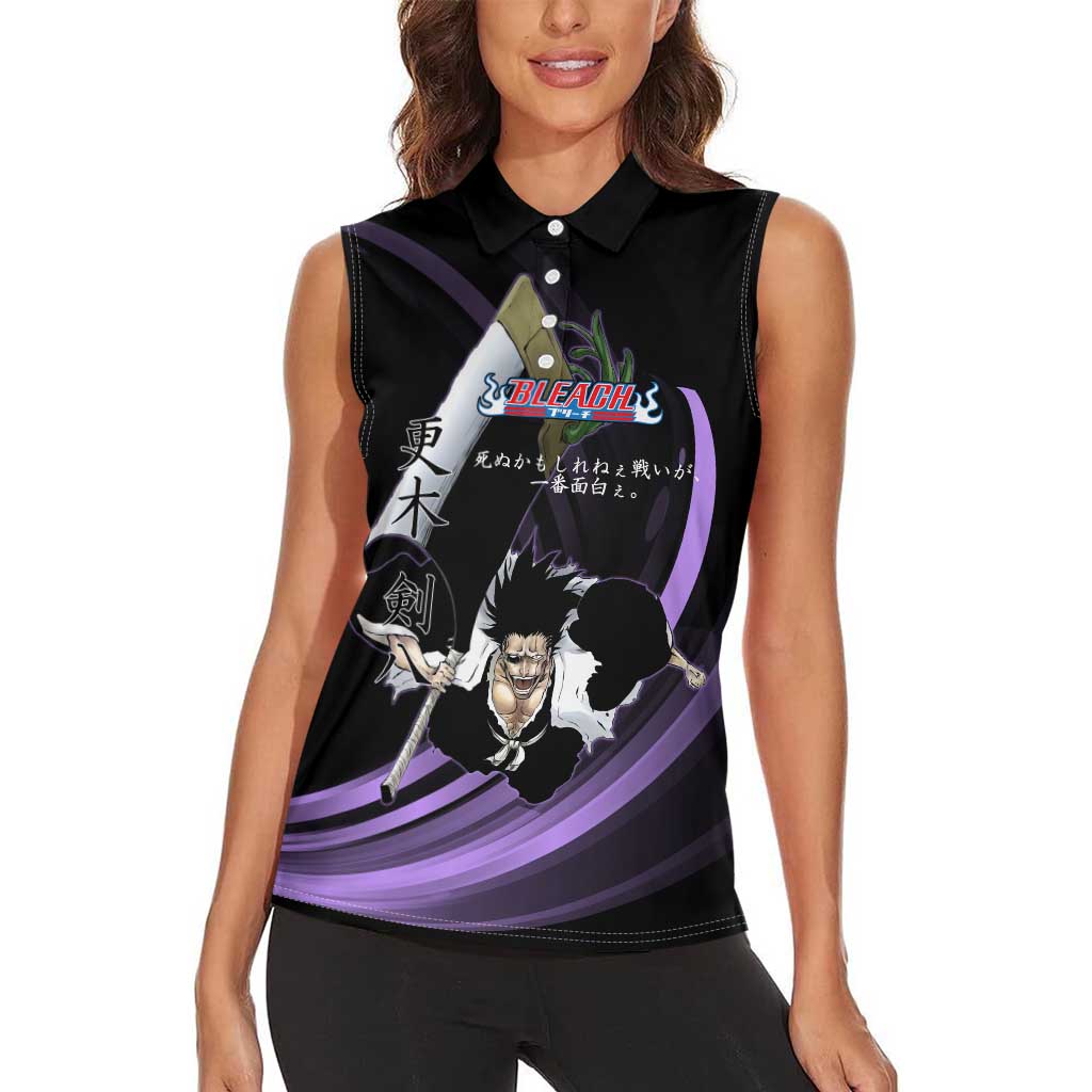 Kenpachi Zaraki Bleach Anime Black and Purple Theme Women Sleeveless Polo Shirt with Battle Stance and Japanese Quote Design - The Mazicc