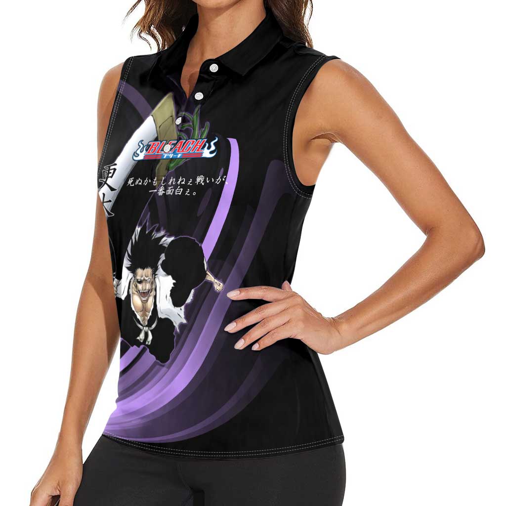 Kenpachi Zaraki Bleach Anime Black and Purple Theme Women Sleeveless Polo Shirt with Battle Stance and Japanese Quote Design - The Mazicc