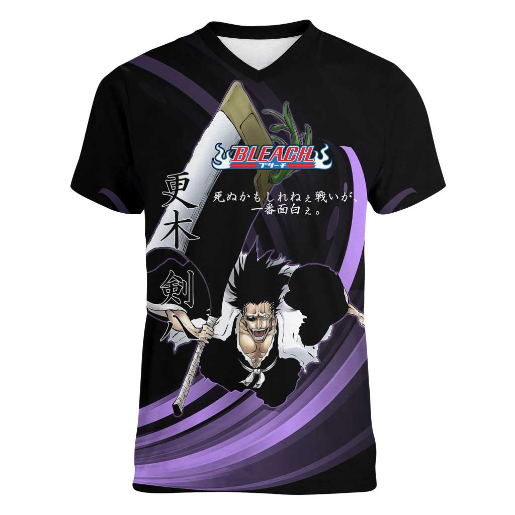 Kenpachi Zaraki Bleach Anime Black and Purple Theme Women V-Neck T-Shirt with Battle Stance and Japanese Quote Design - The Mazicc