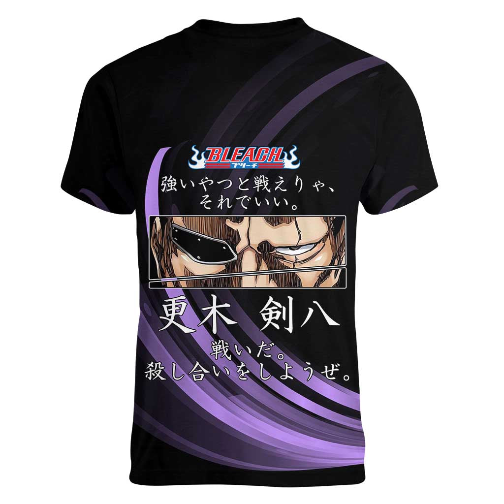 Kenpachi Zaraki Bleach Anime Black and Purple Theme Women V-Neck T-Shirt with Battle Stance and Japanese Quote Design - The Mazicc