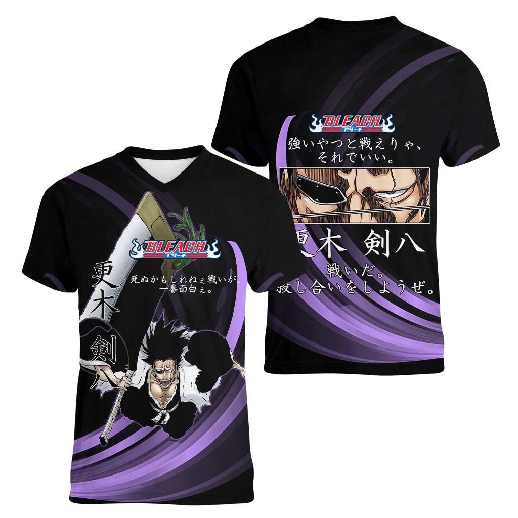 Kenpachi Zaraki Bleach Anime Black and Purple Theme Women V-Neck T-Shirt with Battle Stance and Japanese Quote Design - The Mazicc