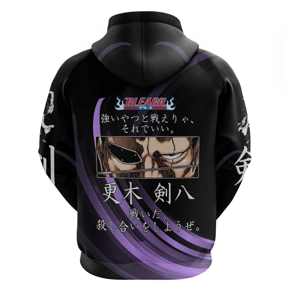 Kenpachi Zaraki Bleach Anime Black and Purple Theme Zip Hoodie with Battle Stance and Japanese Quote Design - The Mazicc