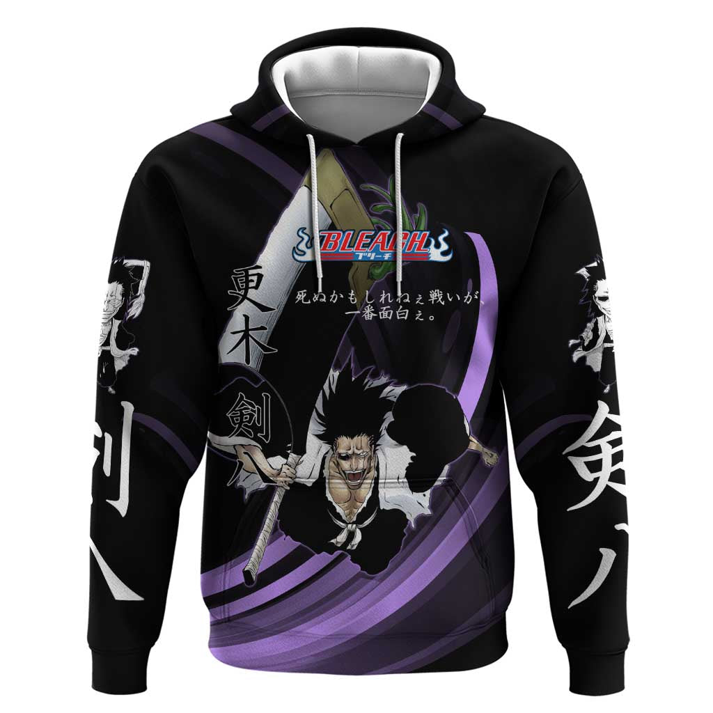 Kenpachi Zaraki Bleach Anime Black and Purple Theme Zip Hoodie with Battle Stance and Japanese Quote Design - The Mazicc