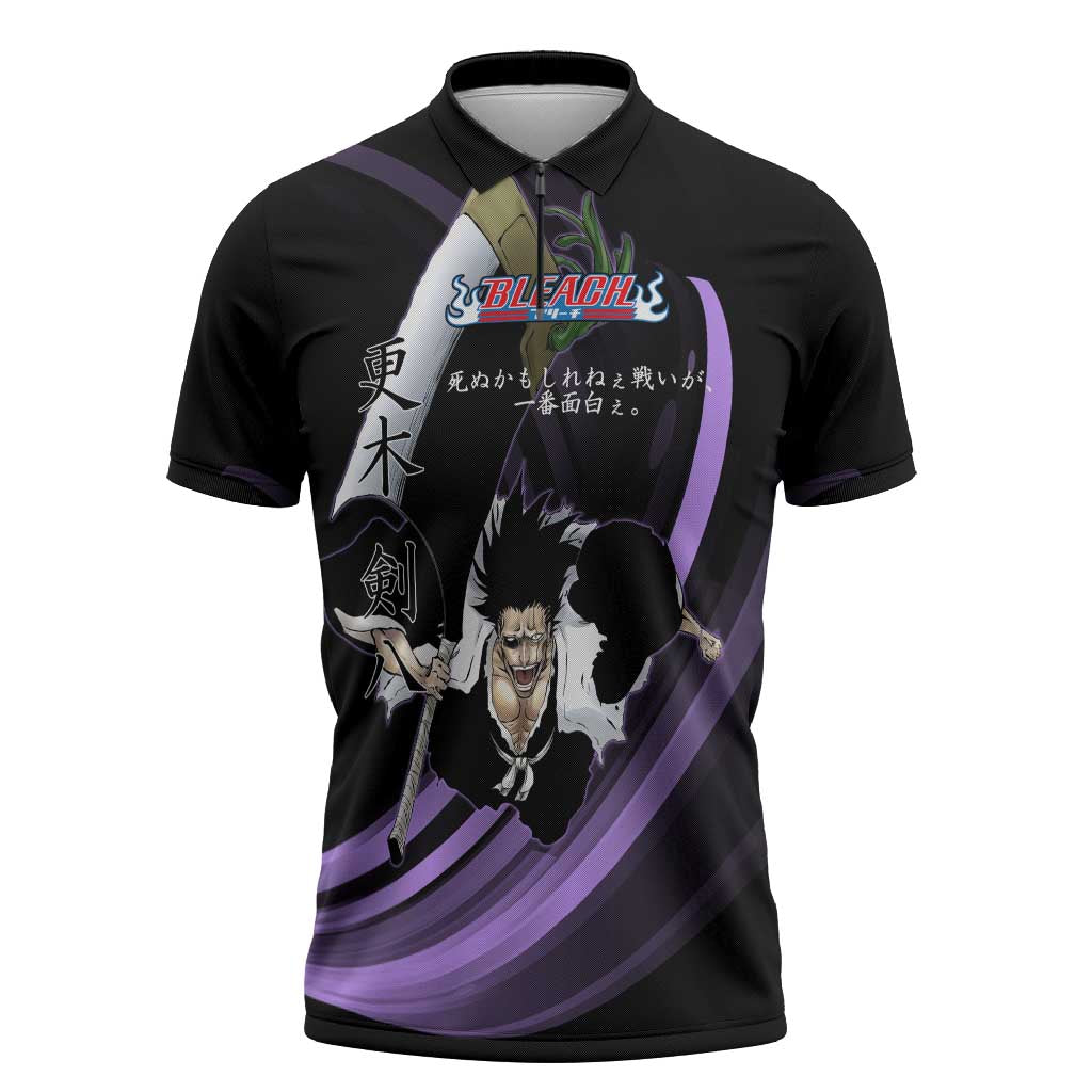 Kenpachi Zaraki Bleach Anime Black and Purple Theme Zipper Polo Shirt with Battle Stance and Japanese Quote Design - The Mazicc