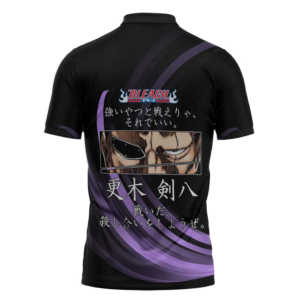 Kenpachi Zaraki Bleach Anime Black and Purple Theme Zipper Polo Shirt with Battle Stance and Japanese Quote Design - The Mazicc