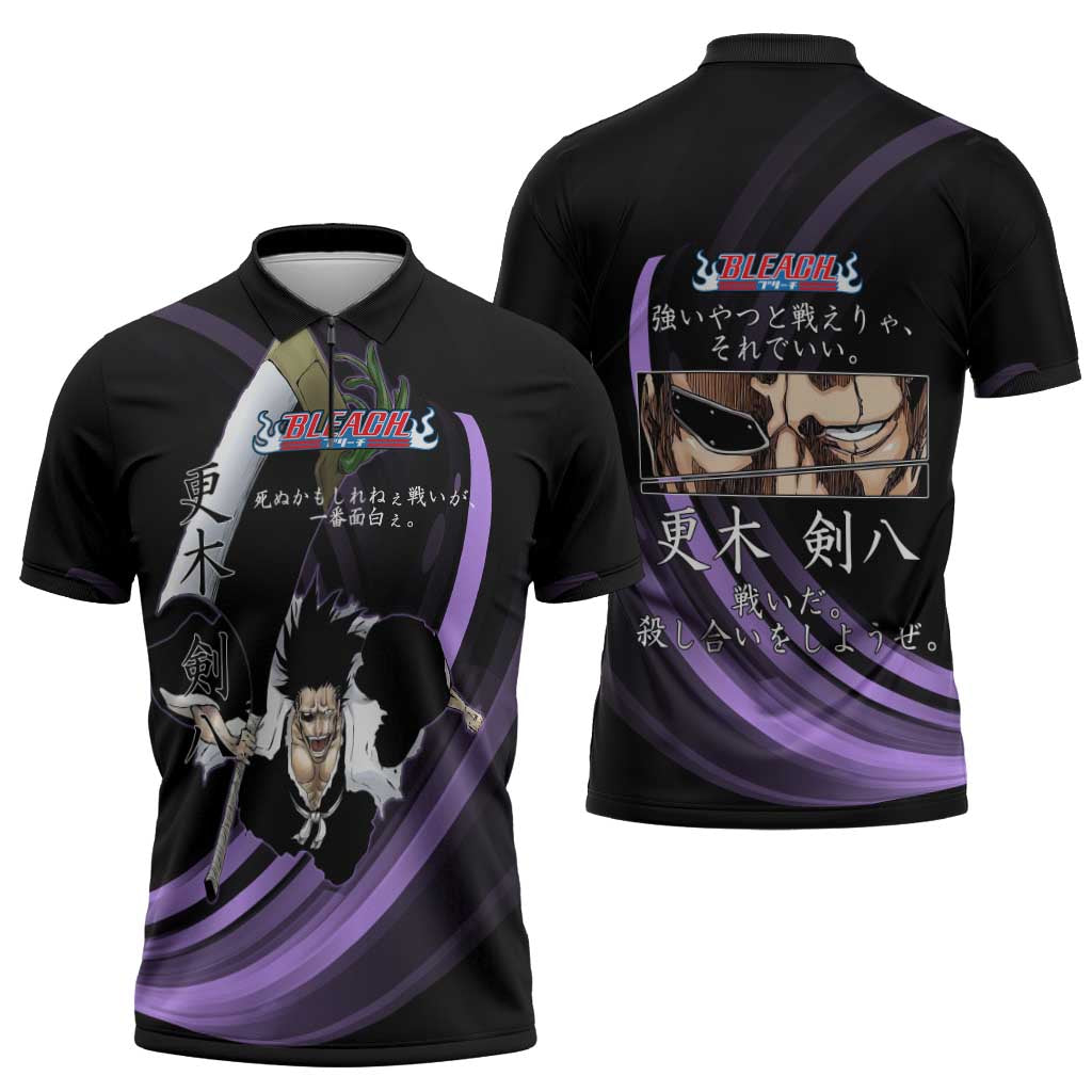 Kenpachi Zaraki Bleach Anime Black and Purple Theme Zipper Polo Shirt with Battle Stance and Japanese Quote Design - The Mazicc