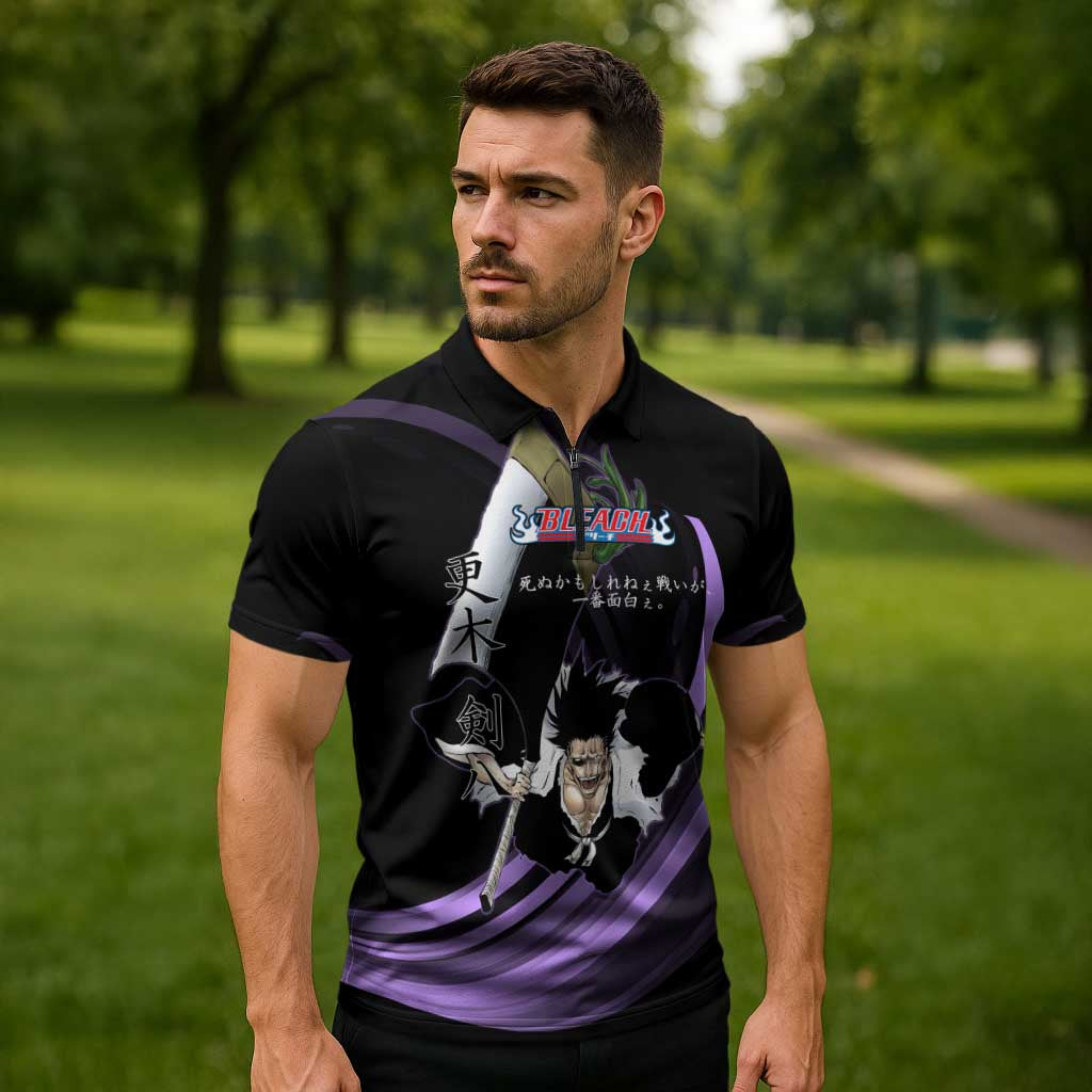 Kenpachi Zaraki Bleach Anime Black and Purple Theme Zipper Polo Shirt with Battle Stance and Japanese Quote Design - The Mazicc