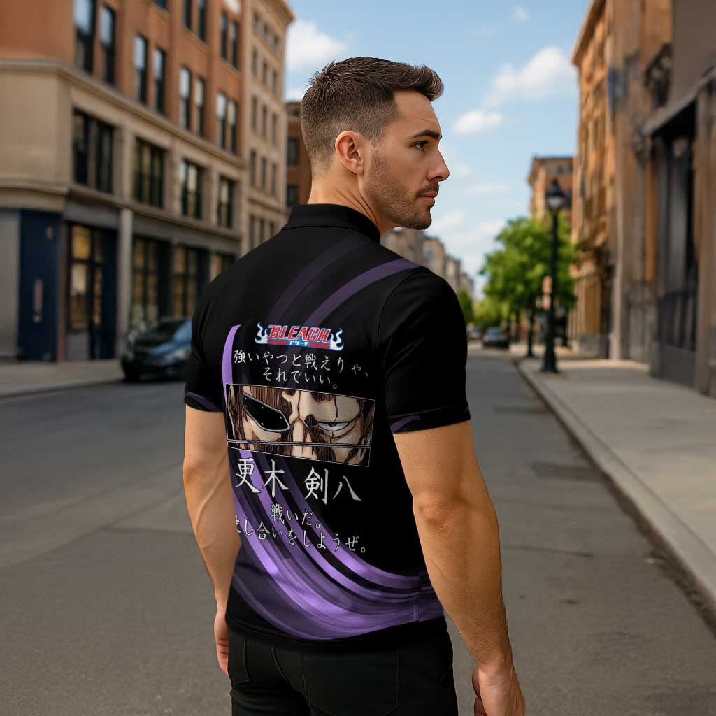 Kenpachi Zaraki Bleach Anime Black and Purple Theme Zipper Polo Shirt with Battle Stance and Japanese Quote Design - The Mazicc