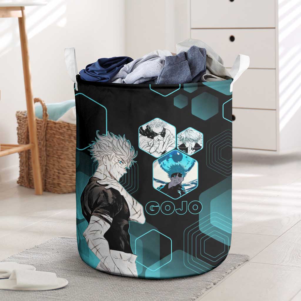 Gojo Satoru Jujutsu Kaisen Blue Hexagon Pattern Laundry Basket with Intense Expressions and Modern Anime Art - The Mazicc