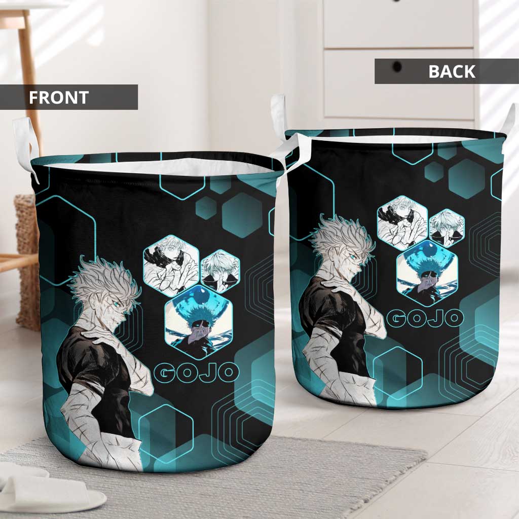 Gojo Satoru Jujutsu Kaisen Blue Hexagon Pattern Laundry Basket with Intense Expressions and Modern Anime Art - The Mazicc