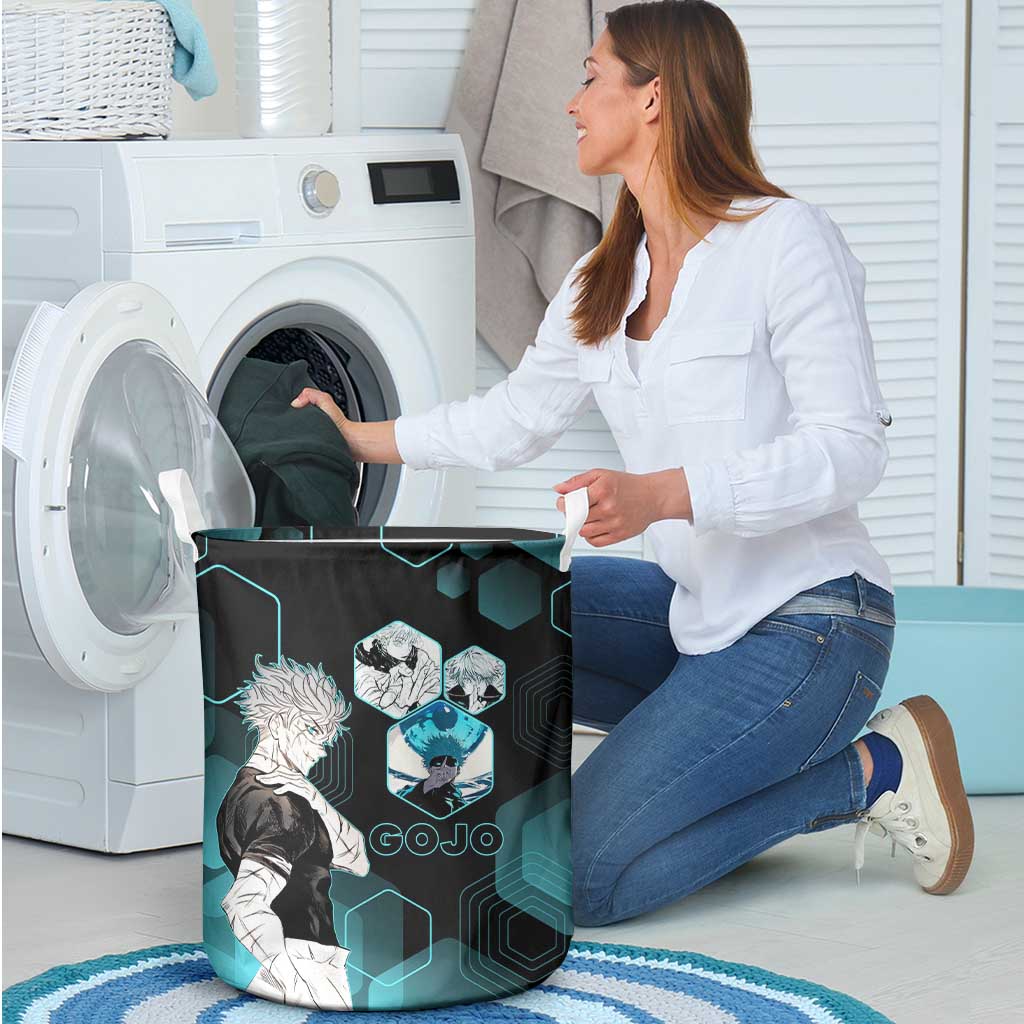 Gojo Satoru Jujutsu Kaisen Blue Hexagon Pattern Laundry Basket with Intense Expressions and Modern Anime Art - The Mazicc