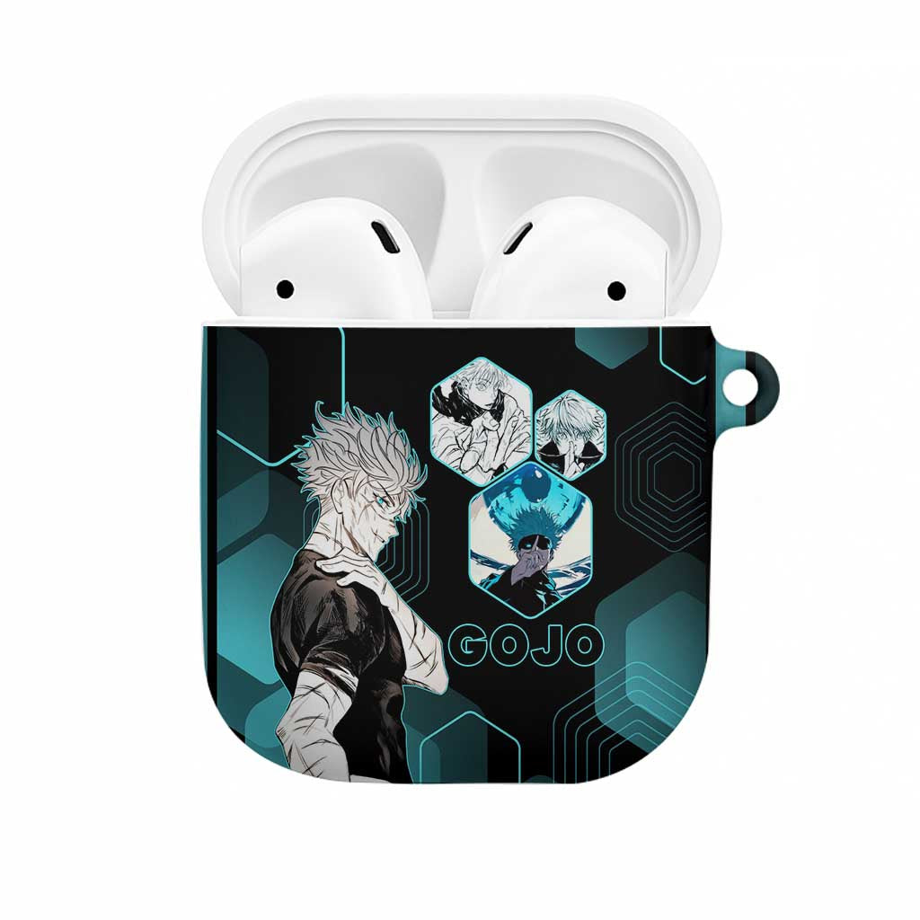 Gojo Satoru Jujutsu Kaisen Blue Hexagon Pattern AirPods Case with Intense Expressions and Modern Anime Art - The Mazicc