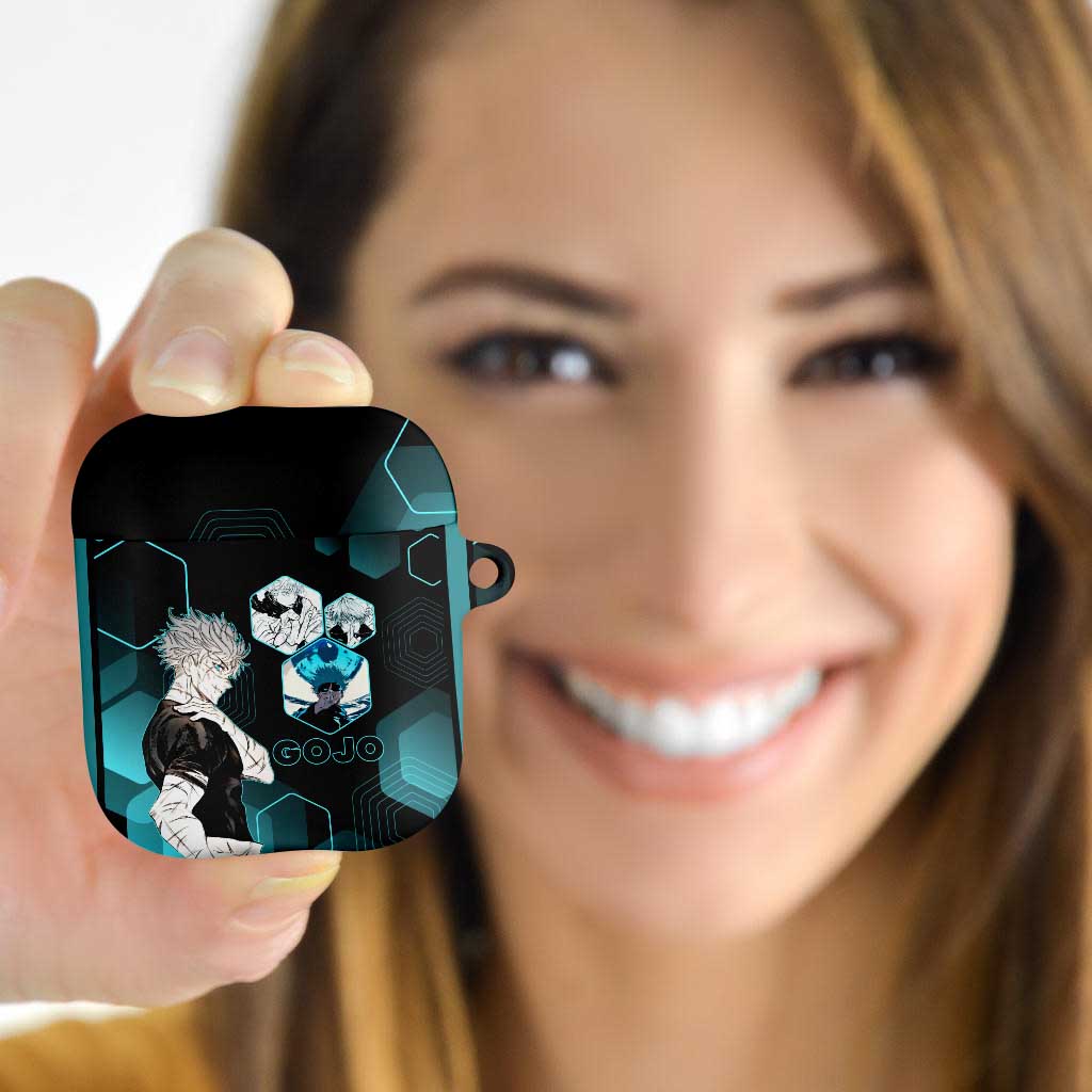 Gojo Satoru Jujutsu Kaisen Blue Hexagon Pattern AirPods Case with Intense Expressions and Modern Anime Art - The Mazicc