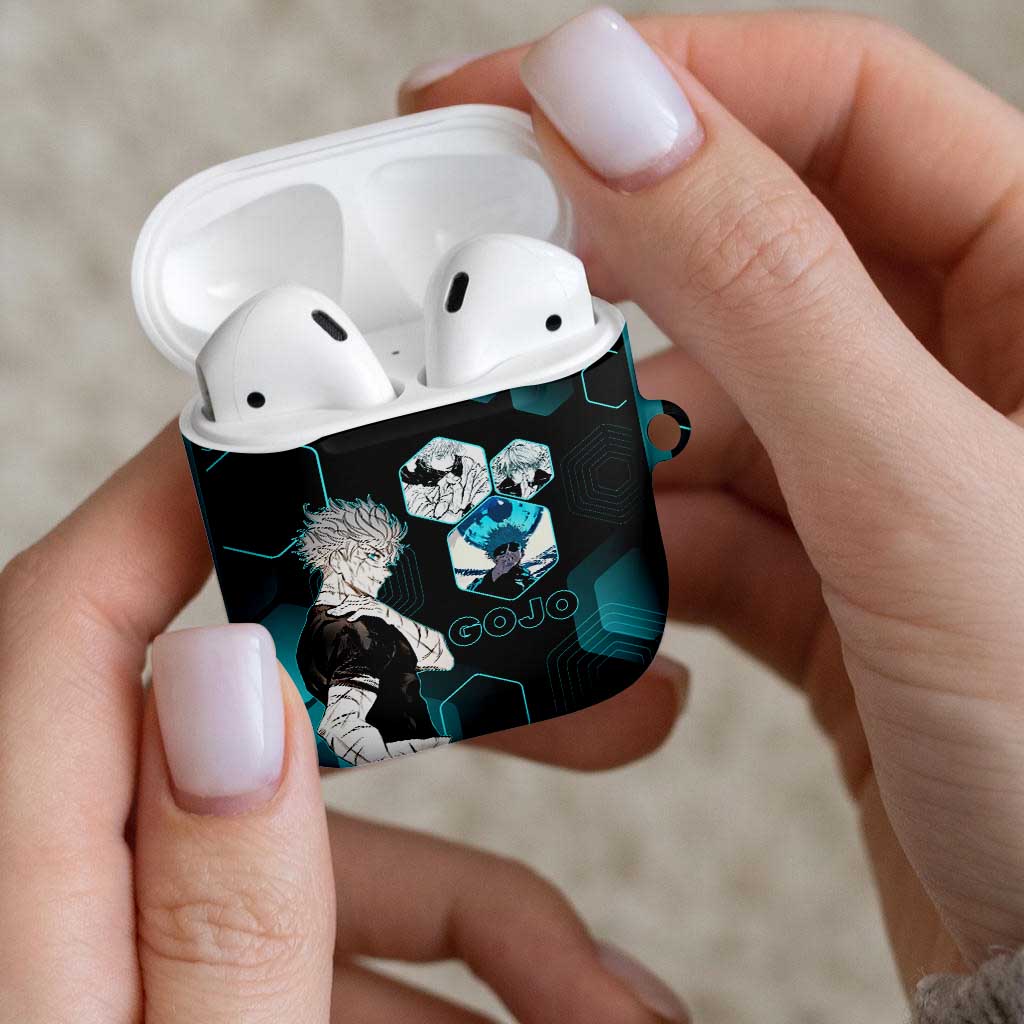 Gojo Satoru Jujutsu Kaisen Blue Hexagon Pattern AirPods Case with Intense Expressions and Modern Anime Art - The Mazicc