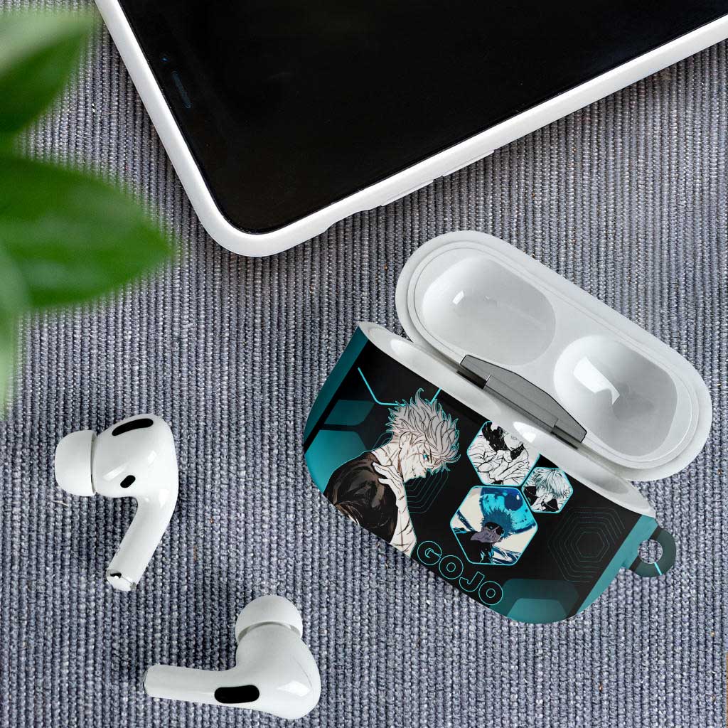 Gojo Satoru Jujutsu Kaisen Blue Hexagon Pattern AirPods Case with Intense Expressions and Modern Anime Art - The Mazicc