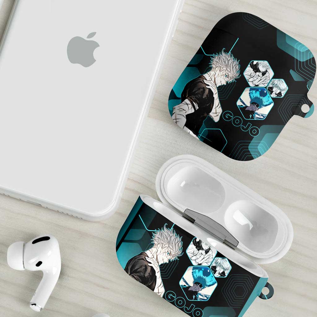 Gojo Satoru Jujutsu Kaisen Blue Hexagon Pattern AirPods Case with Intense Expressions and Modern Anime Art - The Mazicc