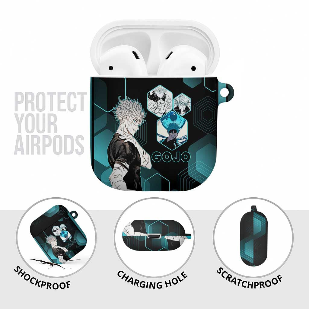 Gojo Satoru Jujutsu Kaisen Blue Hexagon Pattern AirPods Case with Intense Expressions and Modern Anime Art - The Mazicc