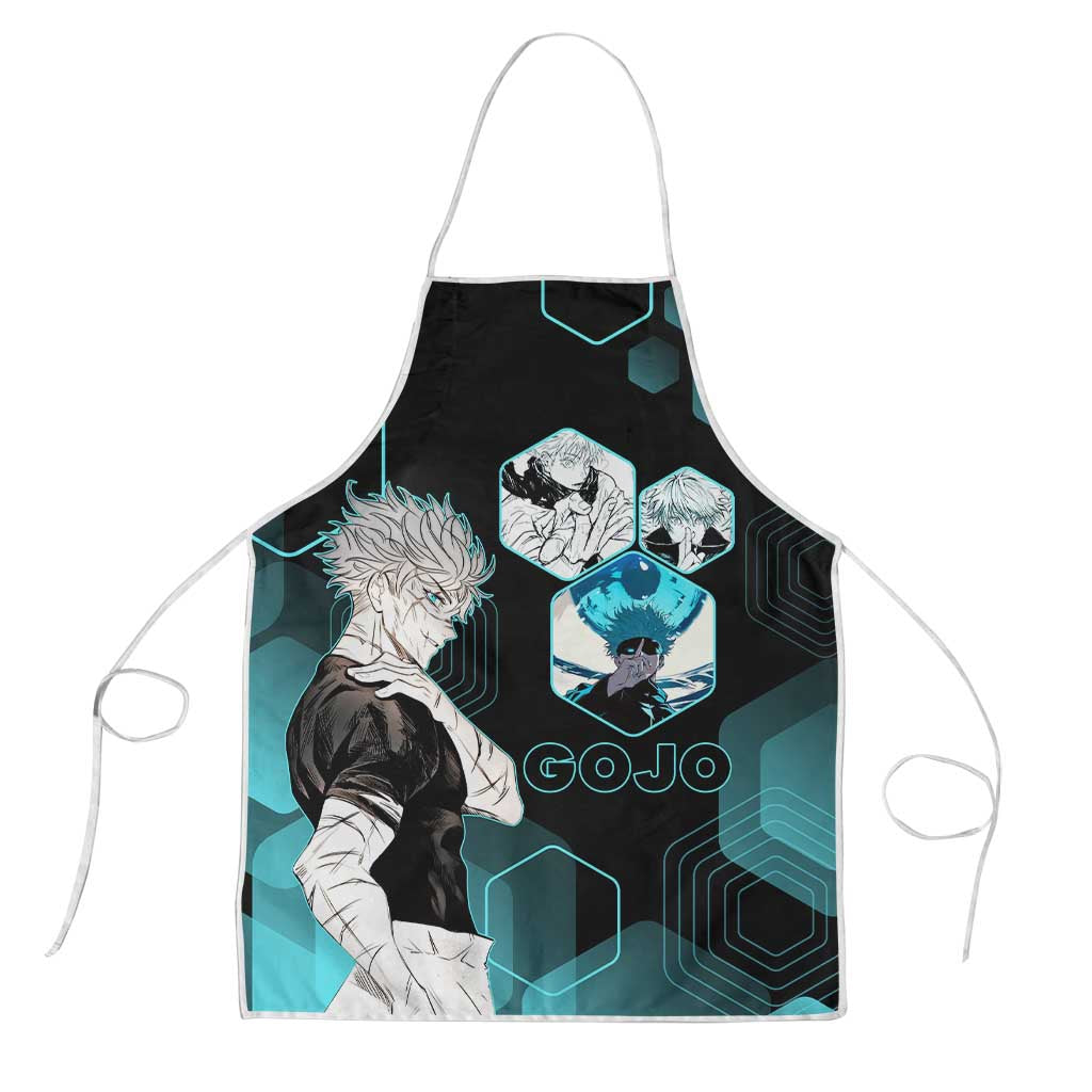 Gojo Satoru Jujutsu Kaisen Blue Hexagon Pattern Apron with Intense Expressions and Modern Anime Art - The Mazicc