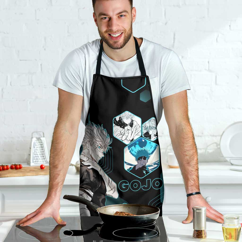 Gojo Satoru Jujutsu Kaisen Blue Hexagon Pattern Apron with Intense Expressions and Modern Anime Art - The Mazicc