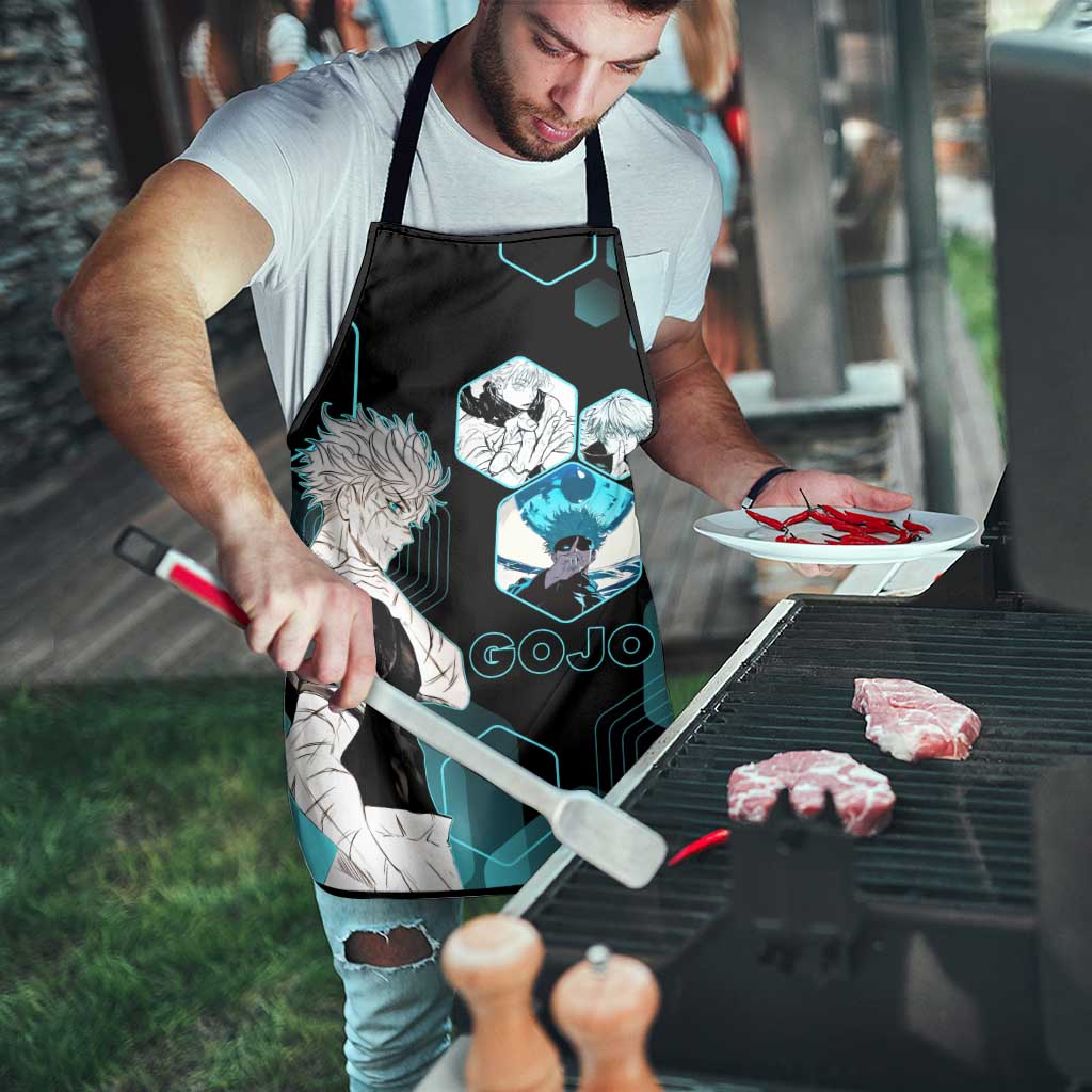 Gojo Satoru Jujutsu Kaisen Blue Hexagon Pattern Apron with Intense Expressions and Modern Anime Art - The Mazicc