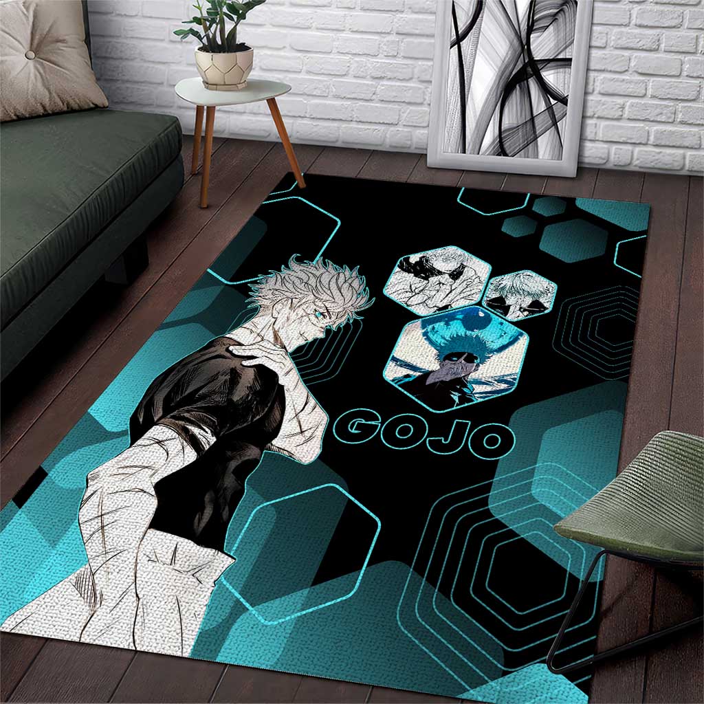 Gojo Satoru Jujutsu Kaisen Blue Hexagon Pattern Area Rug with Intense Expressions and Modern Anime Art - The Mazicc
