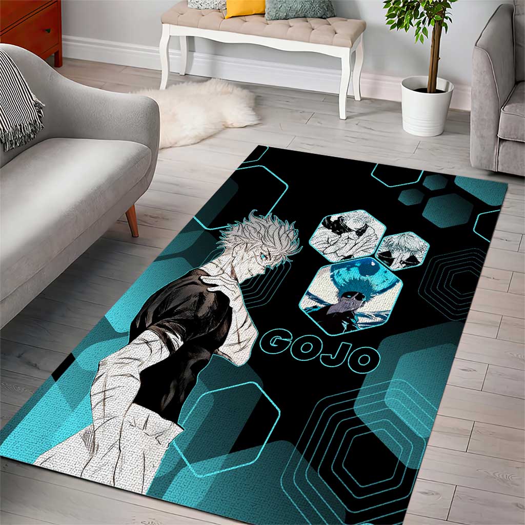 Gojo Satoru Jujutsu Kaisen Blue Hexagon Pattern Area Rug with Intense Expressions and Modern Anime Art - The Mazicc