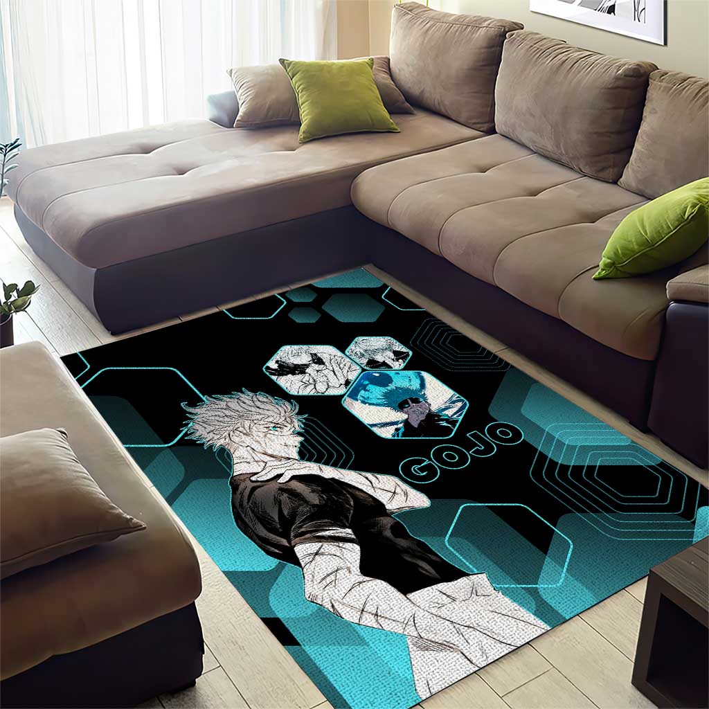 Gojo Satoru Jujutsu Kaisen Blue Hexagon Pattern Area Rug with Intense Expressions and Modern Anime Art - The Mazicc