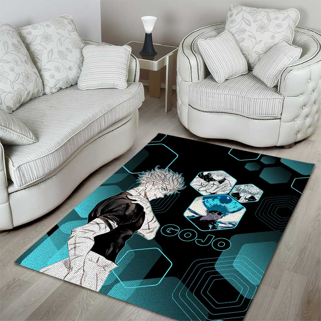 Gojo Satoru Jujutsu Kaisen Blue Hexagon Pattern Area Rug with Intense Expressions and Modern Anime Art - The Mazicc