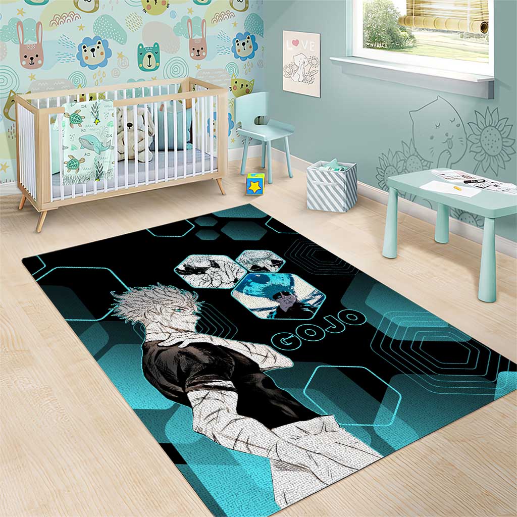 Gojo Satoru Jujutsu Kaisen Blue Hexagon Pattern Area Rug with Intense Expressions and Modern Anime Art - The Mazicc