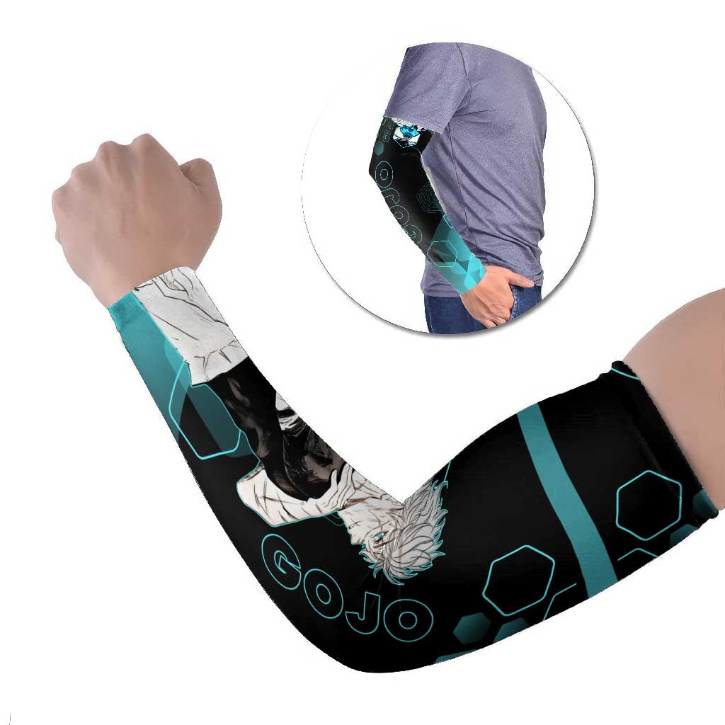 Gojo Satoru Jujutsu Kaisen Blue Hexagon Pattern Arm Sleeves with Intense Expressions and Modern Anime Art - The Mazicc