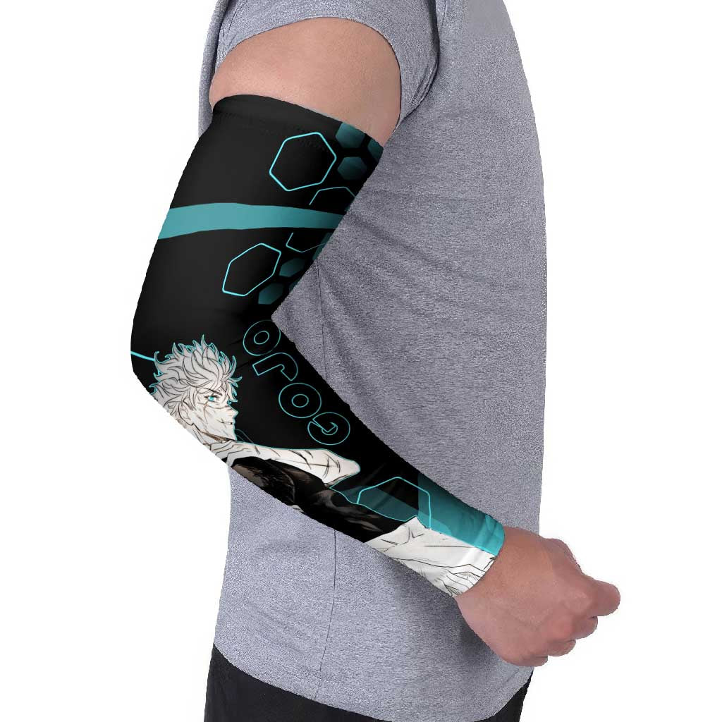 Gojo Satoru Jujutsu Kaisen Blue Hexagon Pattern Arm Sleeves with Intense Expressions and Modern Anime Art - The Mazicc
