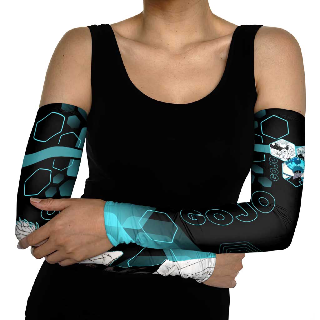 Gojo Satoru Jujutsu Kaisen Blue Hexagon Pattern Arm Sleeves with Intense Expressions and Modern Anime Art - The Mazicc