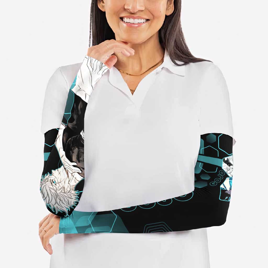 Gojo Satoru Jujutsu Kaisen Blue Hexagon Pattern Arm Sleeves with Intense Expressions and Modern Anime Art - The Mazicc
