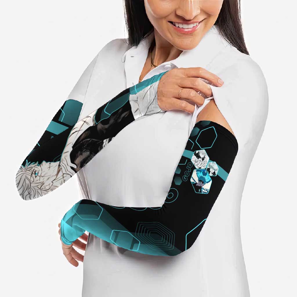 Gojo Satoru Jujutsu Kaisen Blue Hexagon Pattern Arm Sleeves with Intense Expressions and Modern Anime Art - The Mazicc