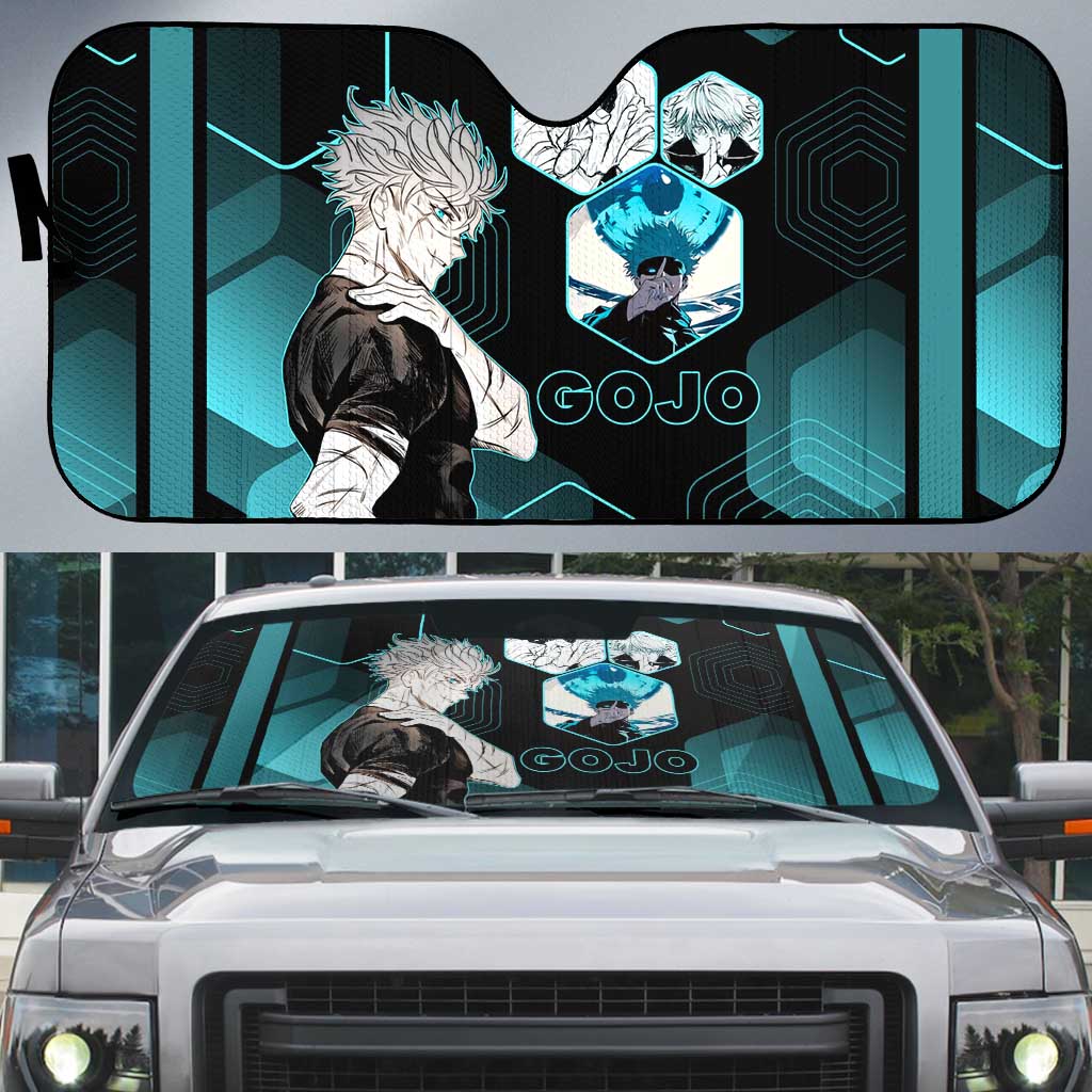 Gojo Satoru Jujutsu Kaisen Blue Hexagon Pattern Auto Sun Shade with Intense Expressions and Modern Anime Art - The Mazicc