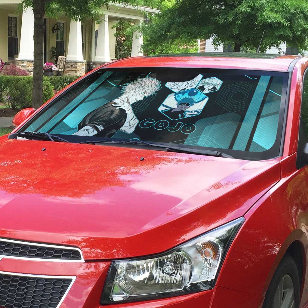 Gojo Satoru Jujutsu Kaisen Blue Hexagon Pattern Auto Sun Shade with Intense Expressions and Modern Anime Art - The Mazicc