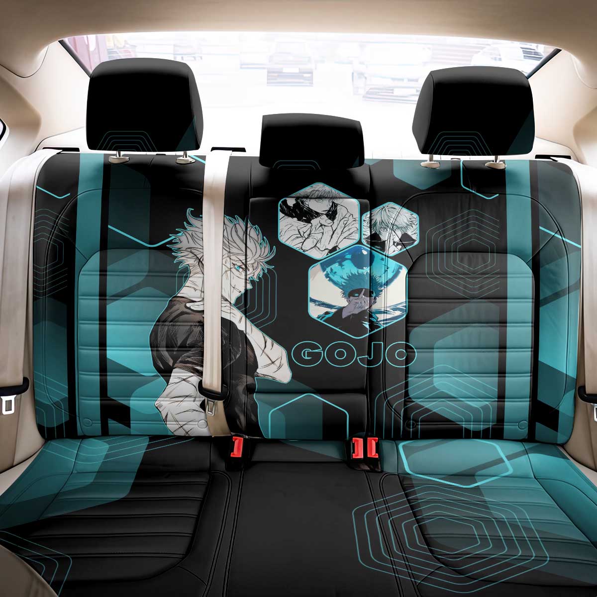 Gojo Satoru Jujutsu Kaisen Blue Hexagon Pattern Back Car Seat Cover with Intense Expressions and Modern Anime Art - The Mazicc