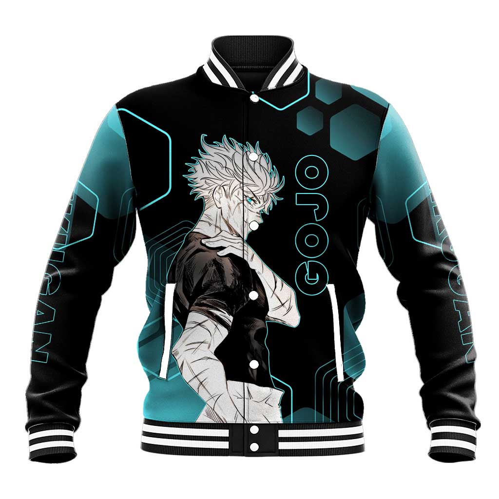 Gojo Satoru Jujutsu Kaisen Blue Hexagon Pattern Baseball Jacket with Intense Expressions and Modern Anime Art - The Mazicc
