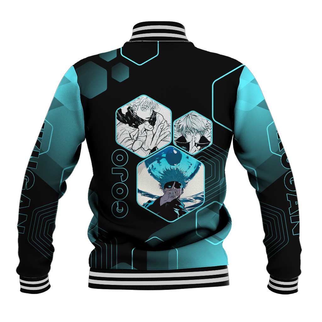 Gojo Satoru Jujutsu Kaisen Blue Hexagon Pattern Baseball Jacket with Intense Expressions and Modern Anime Art - The Mazicc