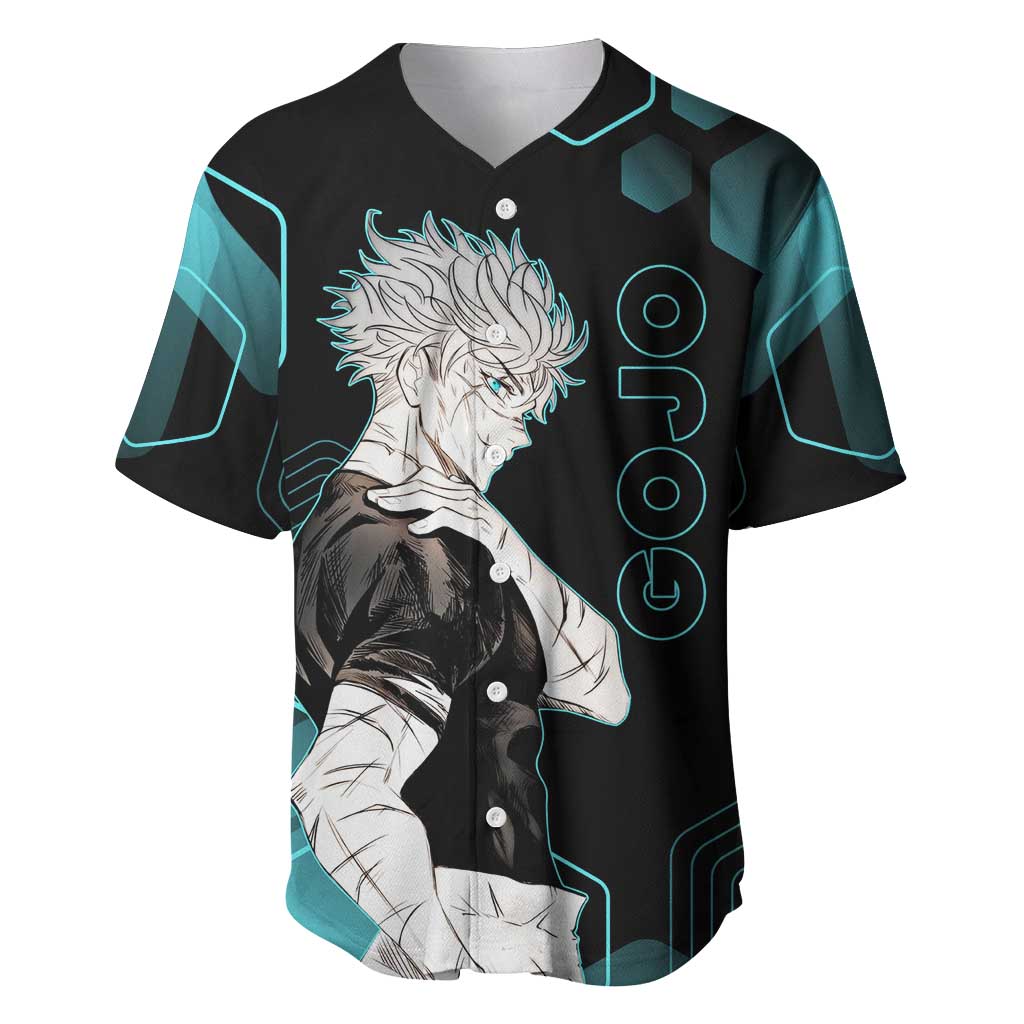 Gojo Satoru Jujutsu Kaisen Blue Hexagon Pattern Baseball Jersey with Intense Expressions and Modern Anime Art - The Mazicc